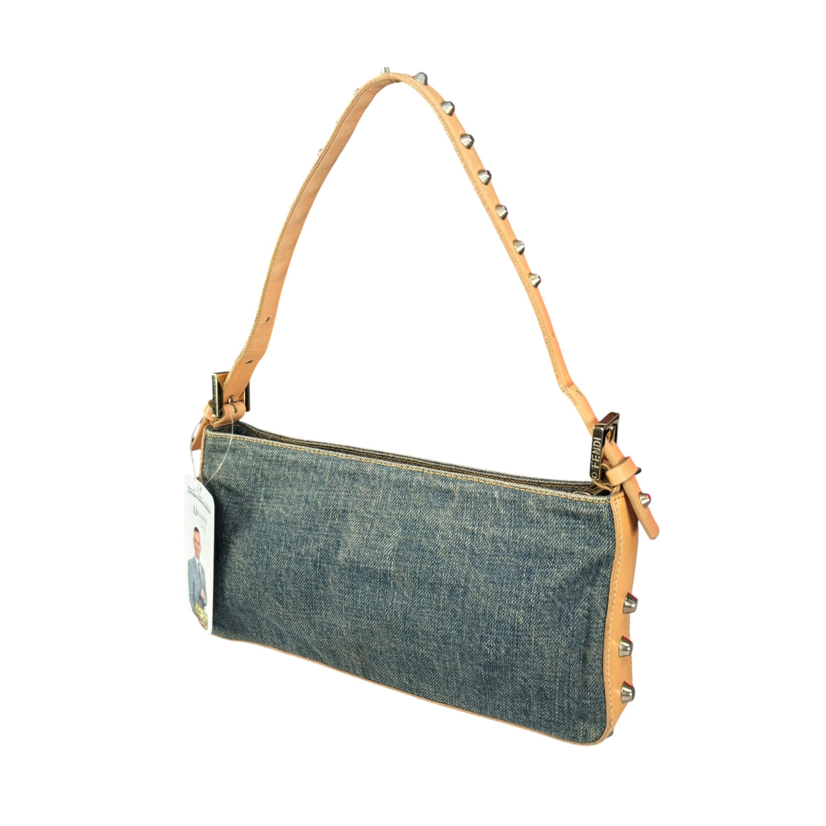 Fendi Y2K Baguette GHW Denim Studded Tan Leather Shoulder Purse
