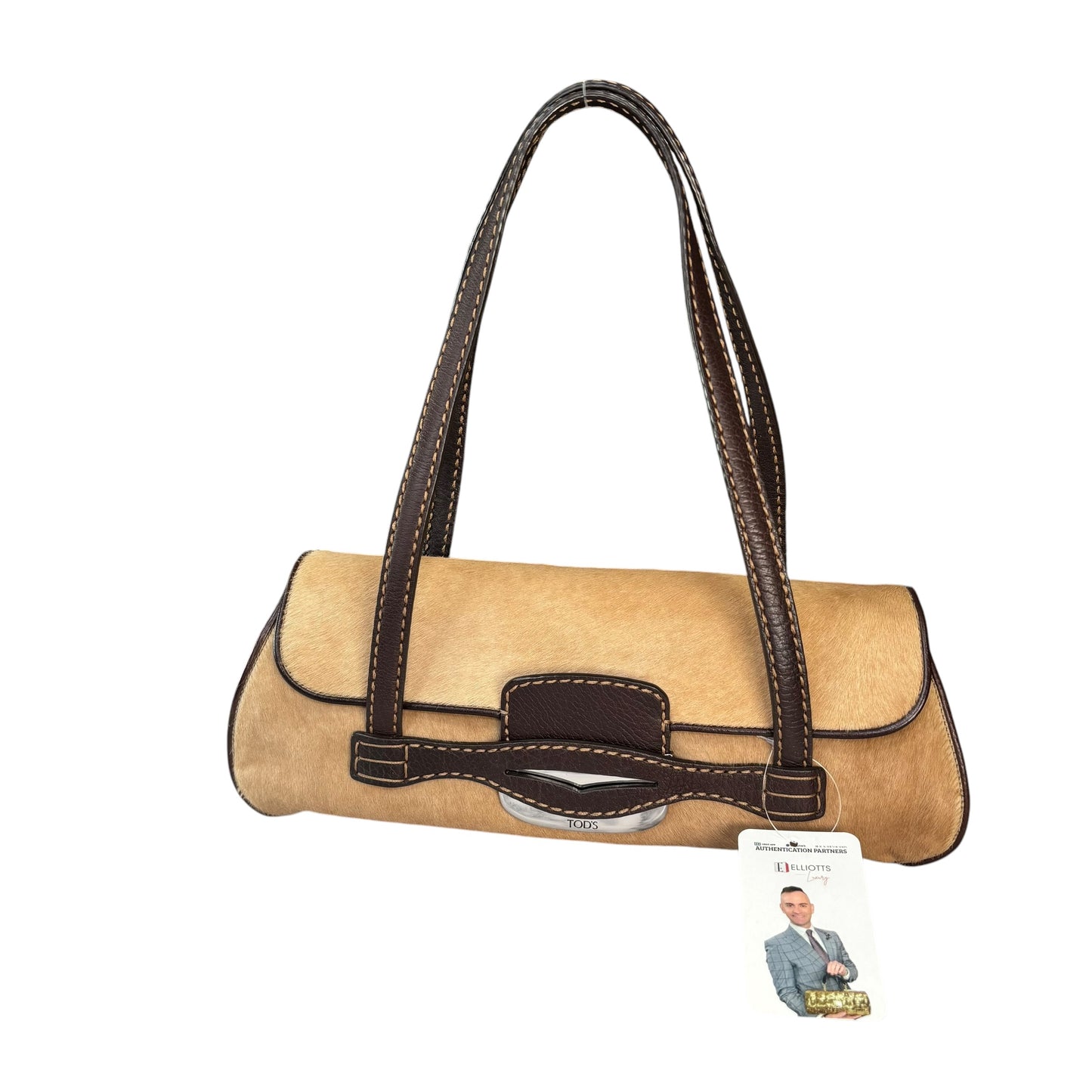 Tod’s Fawn Hair Calf Pony Brown Leather Baguette Shoulder Purse