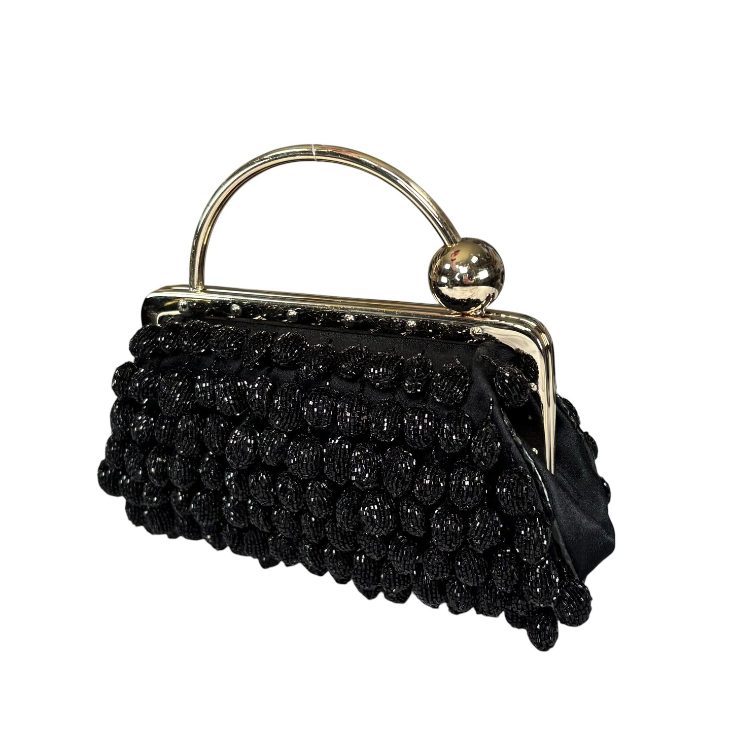 Gucci GG Y2K Mini GHW Black Satin Crystal Ball Kiss-Lock Beaded Clutch
