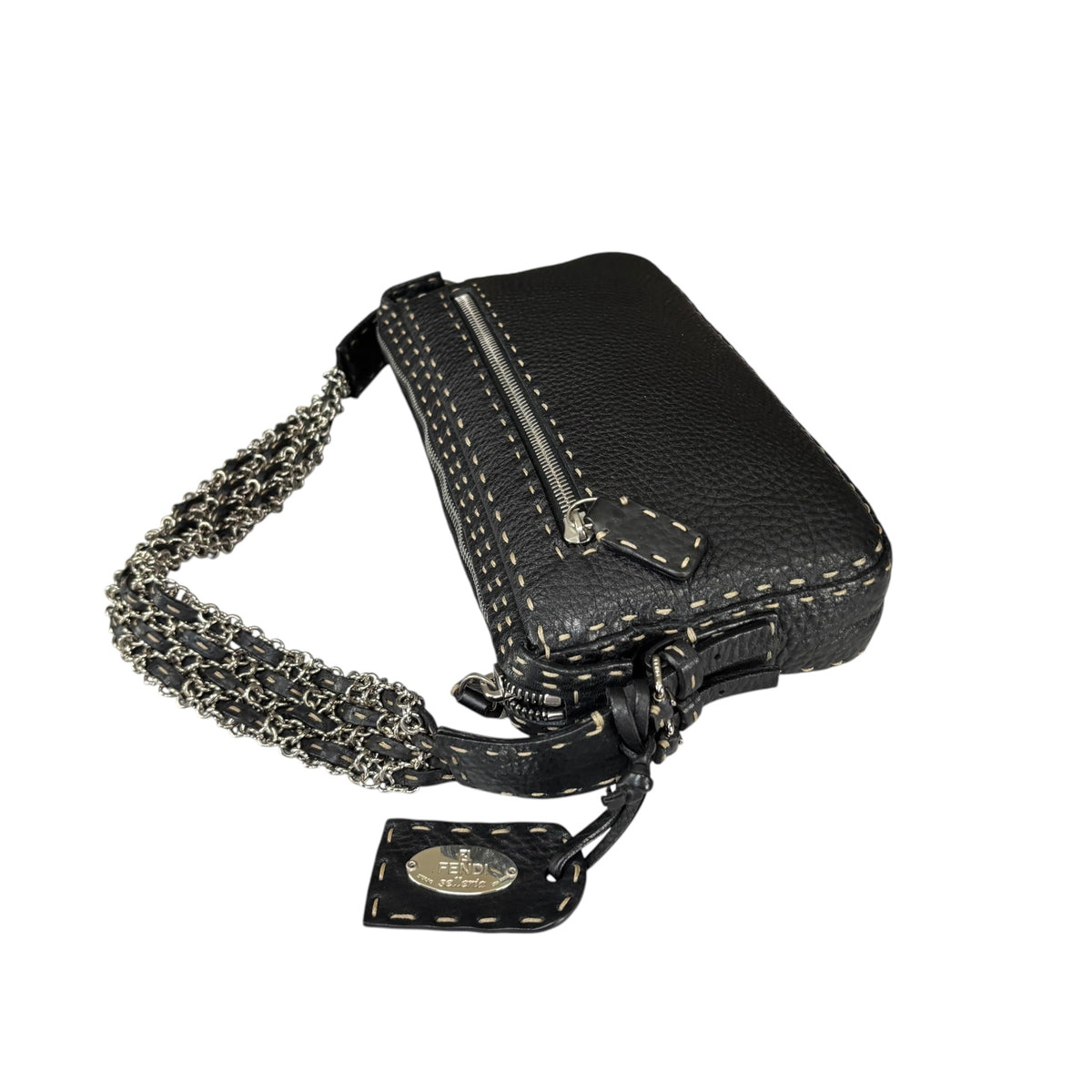 Fendi Selleria Baguette Black Leather Sterling Mesh Chain Purse