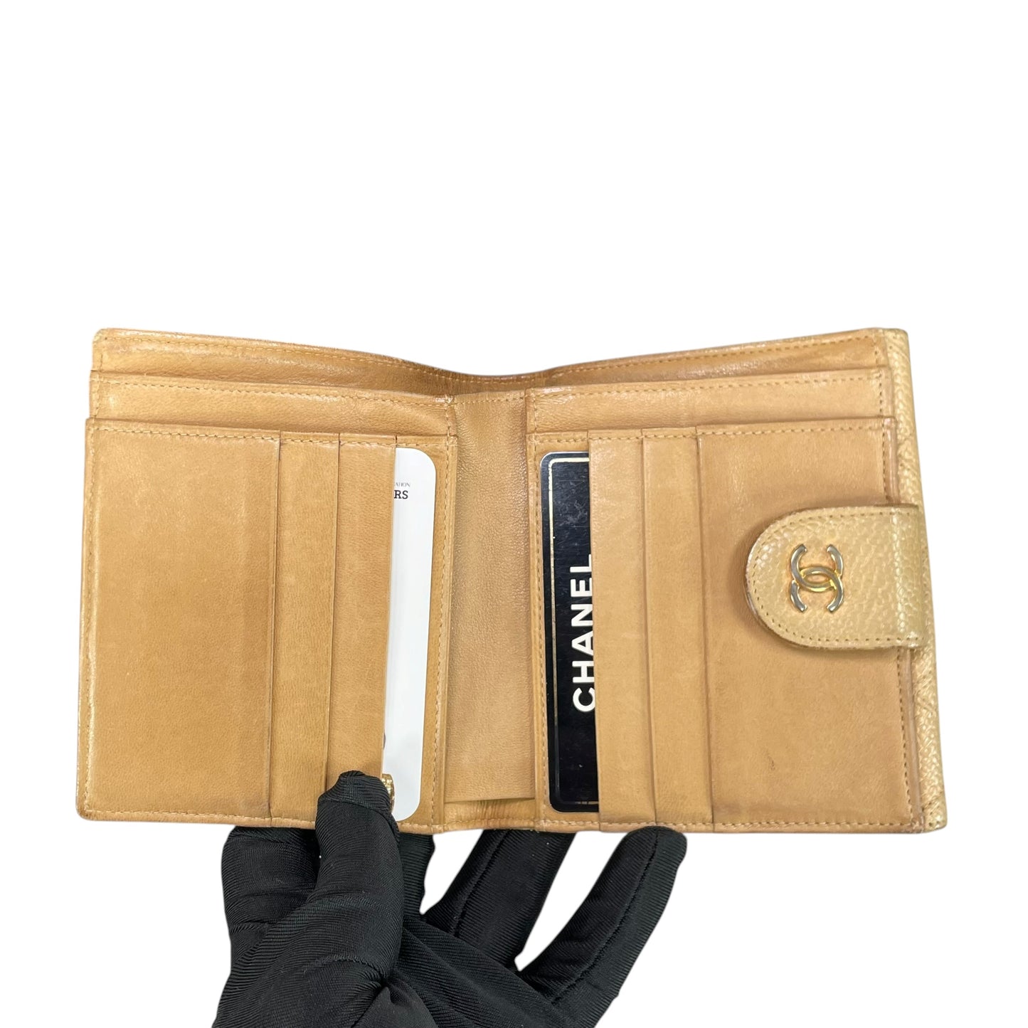 Chanel Compact Wallet Beige Caviar Leather CC Logo Snap Small Wallet Vintage