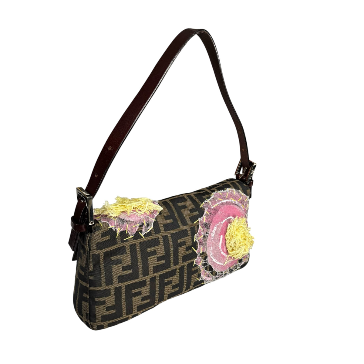 Fendi Y2K Baguette Classic Zucca Floral 3D Appliqué Purse