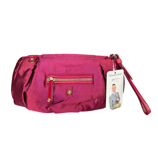 Tod’s Pashmy Magenta Satin Nylon Wristlet Clutch Gold Hardware Zip Pouch Italy