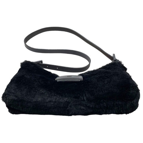 Fendi Black Rabbit Fur Cleavage V Design Double Zip Crossbody Shoulder P…
