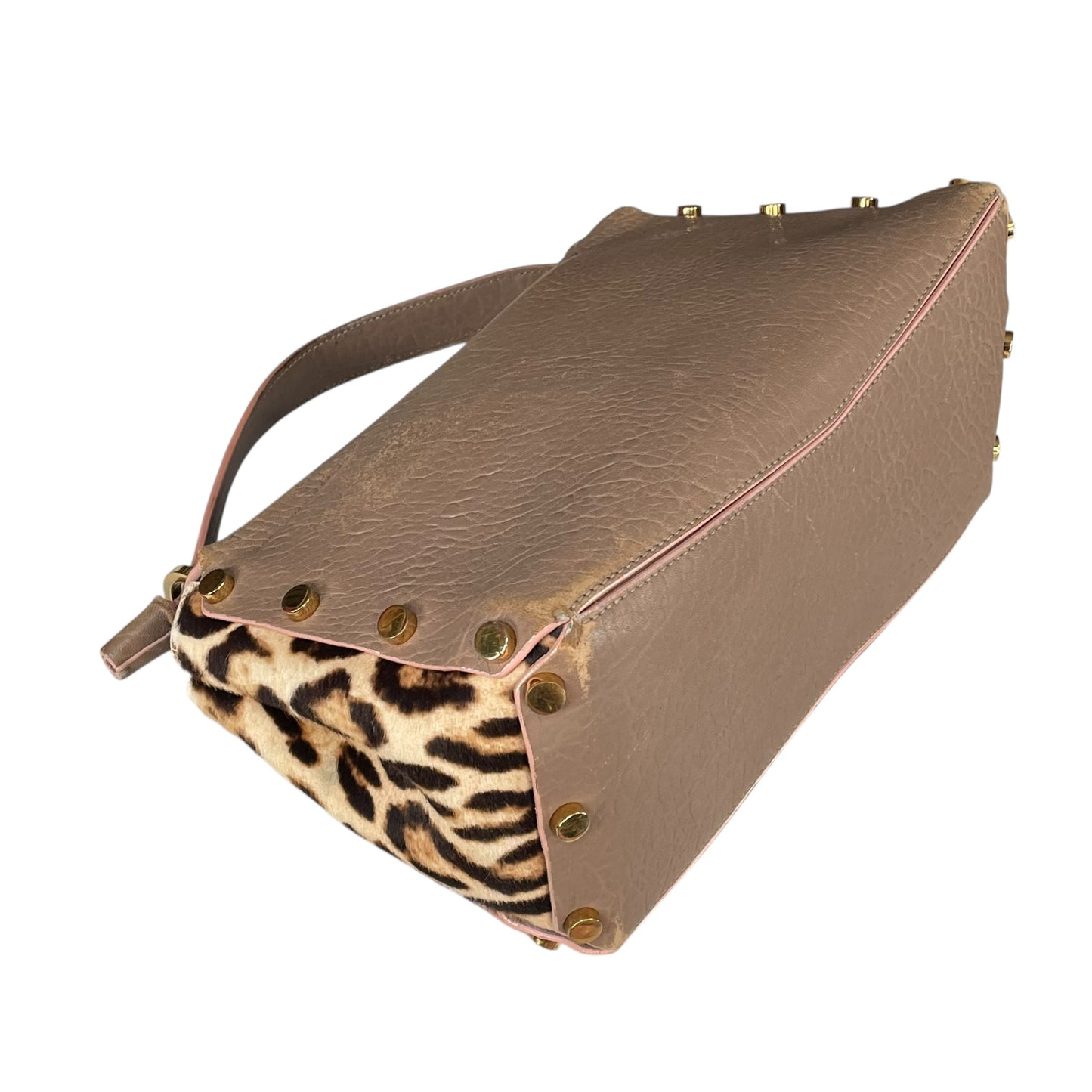 Jimmy Choo Lockett Two Way Bag Leopard Pony Hair Taupe Leather Gold HW Satchel