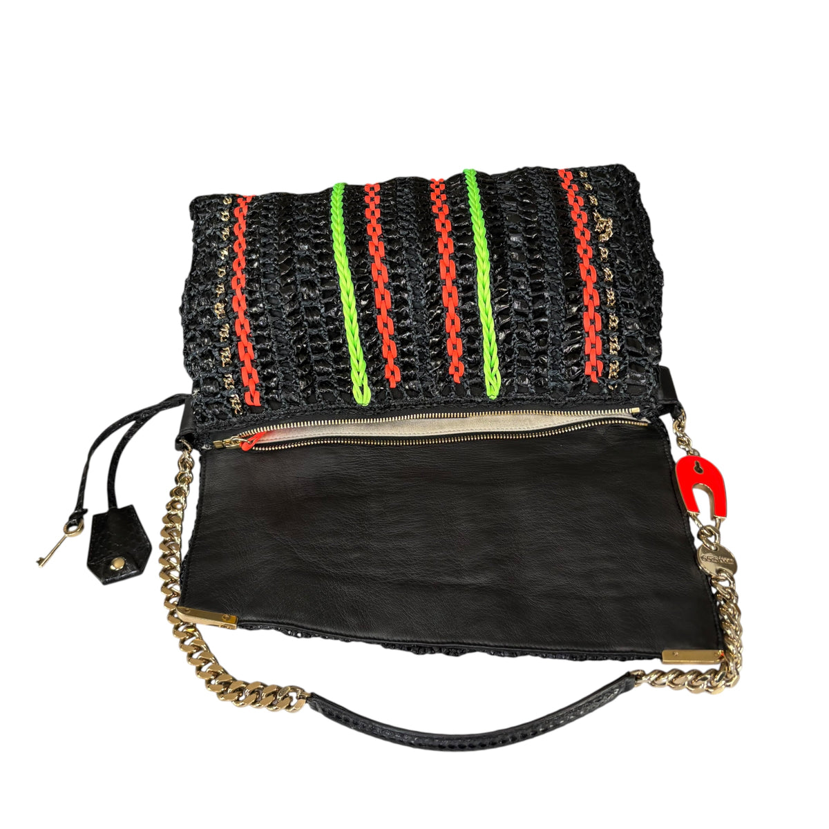 Jimmy Choo GHW Leather Rafia Neon Black Snake Chain Flap