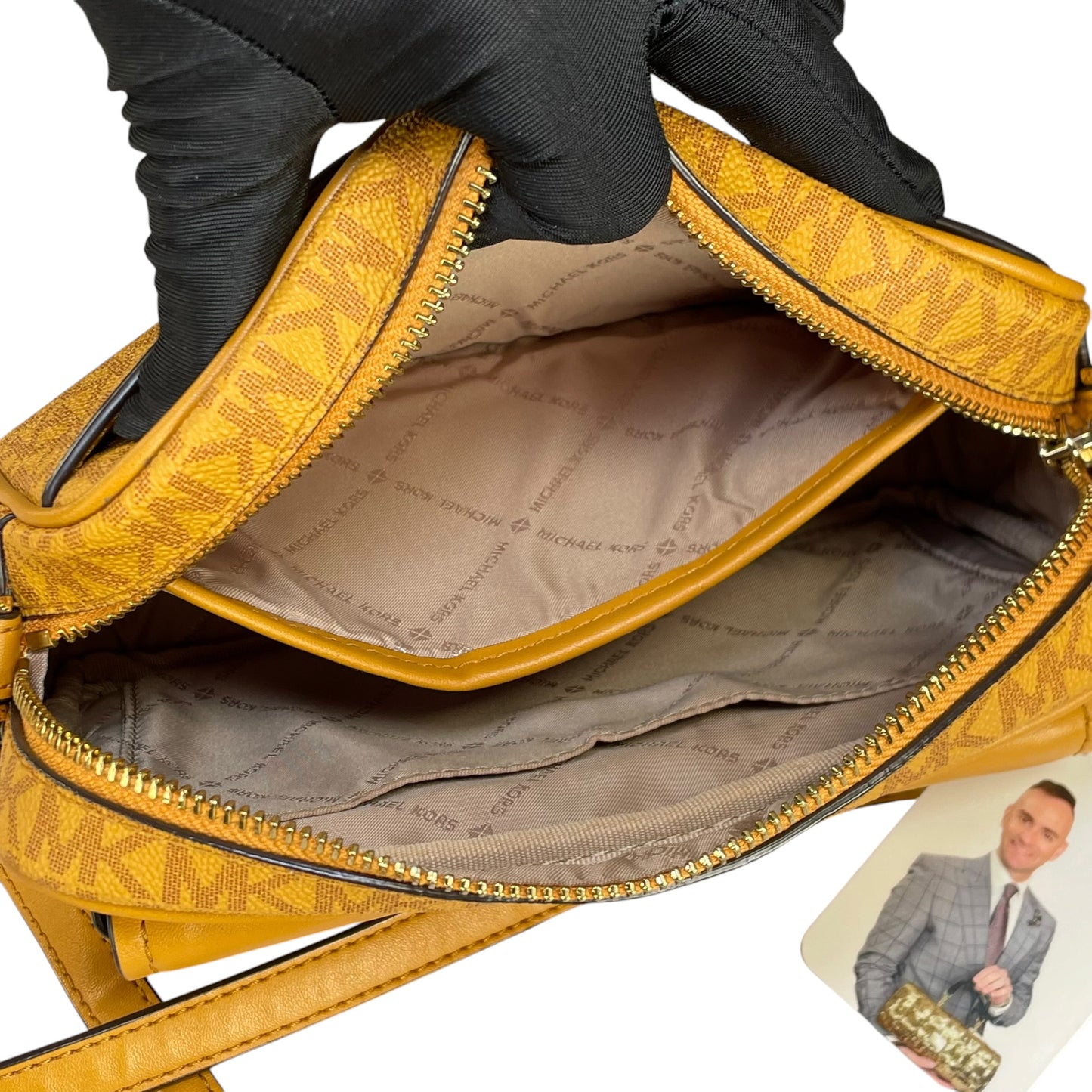 Micheal Kors Mustard GHW Jet Set Leather Canvas Crossbody