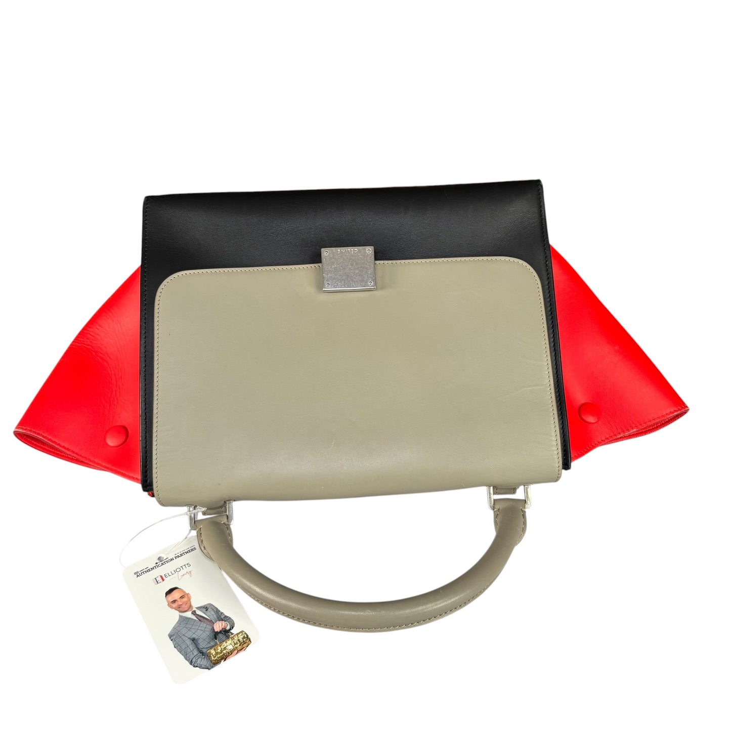 Celine Trapeze Tri-Color Red Black Grey Turn-Lock Top Handle Purse