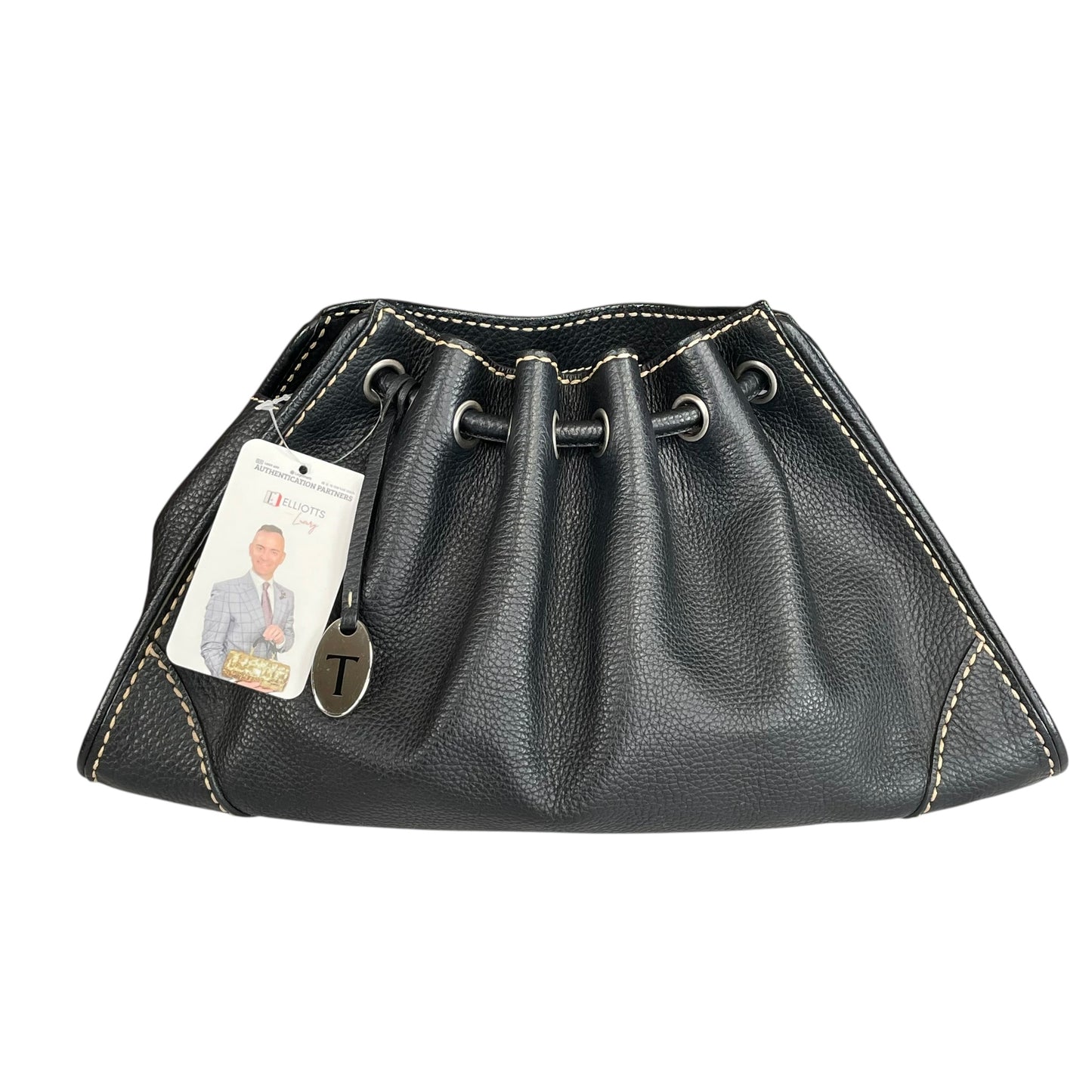 TOD’s Black Equestrian Pebbled Brushed SHW Drawstring Leather Shoulder Purse