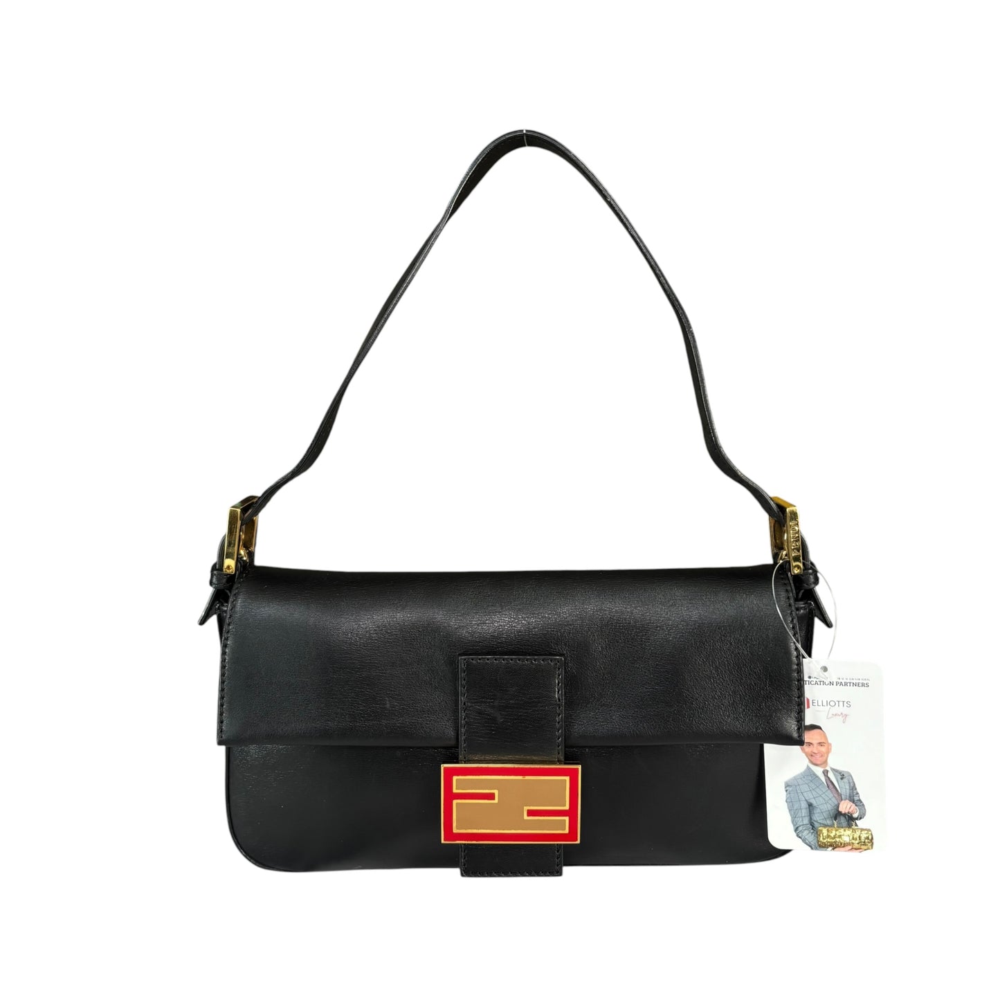 Fendi Baguette Re-Issue Black Leather GHW Red/ Tan Shoulder Purse