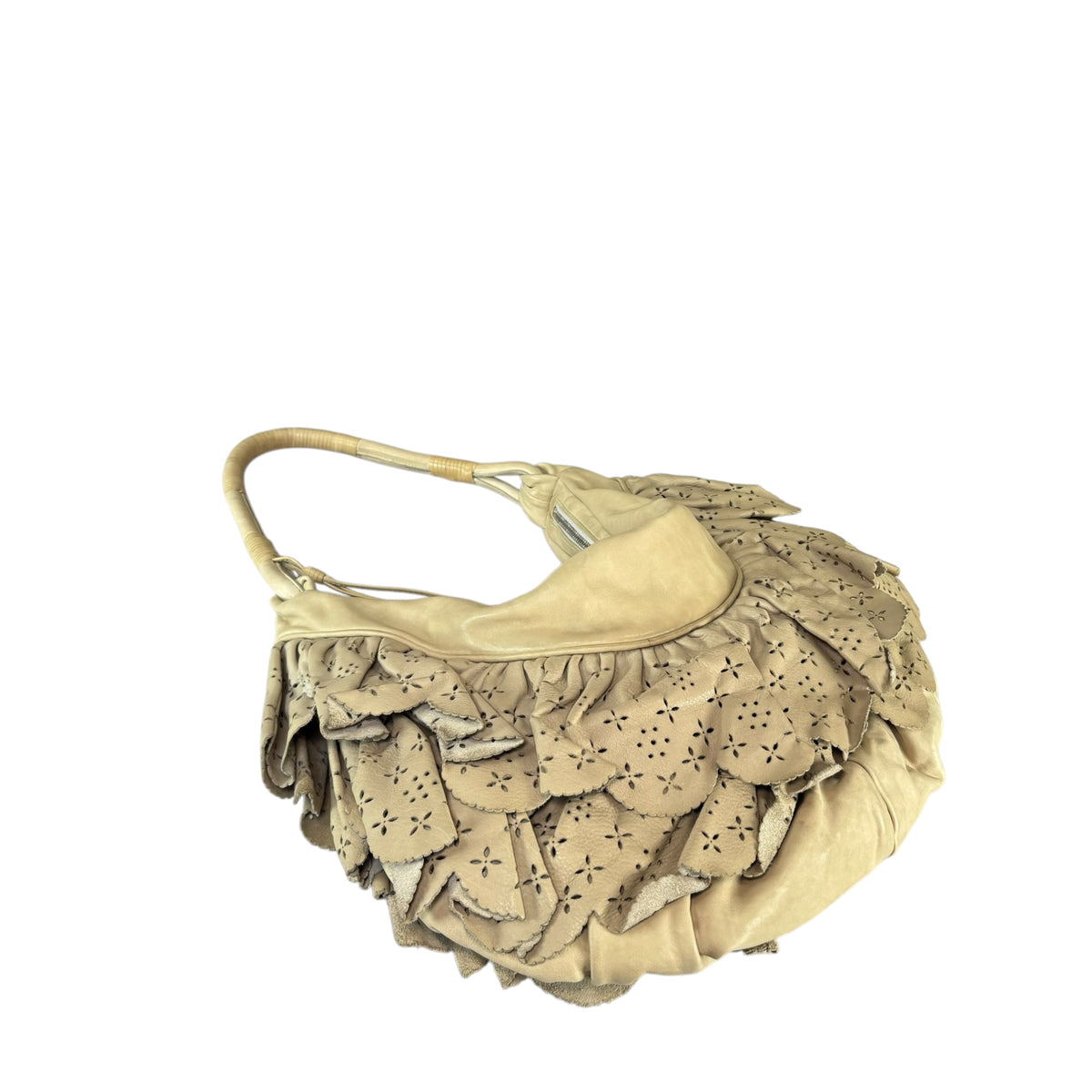 Christian Dior Bone Gypsy Ruffled Leather Perforated Hobo Bag