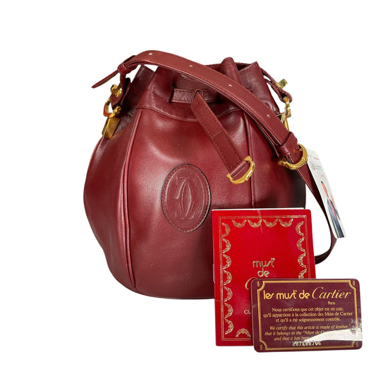 Cartier Burgundy Leather Medium Bucket Drawstring Crossbody Adjustable Purse