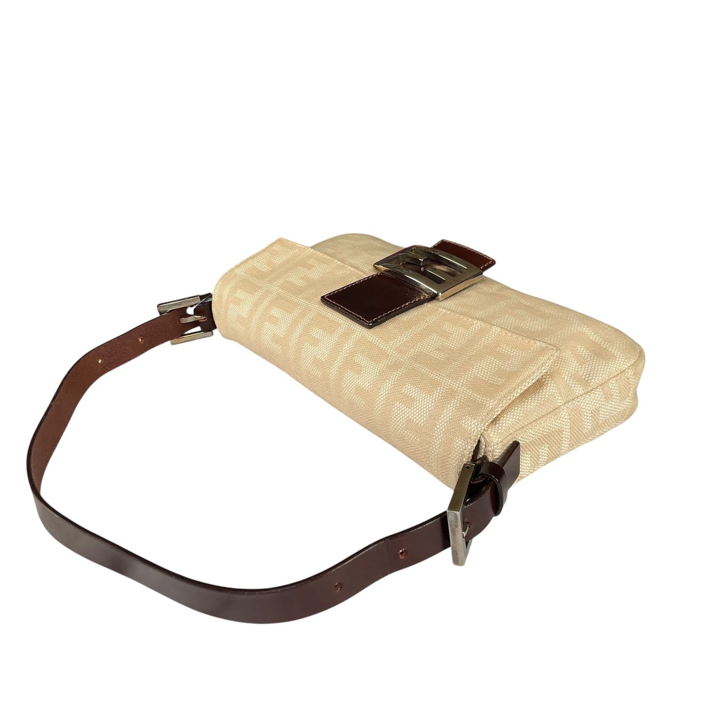 Fendi Baguette Y2K Zucca Monogram Cream Brown Fabric Leather Shoulder Purse