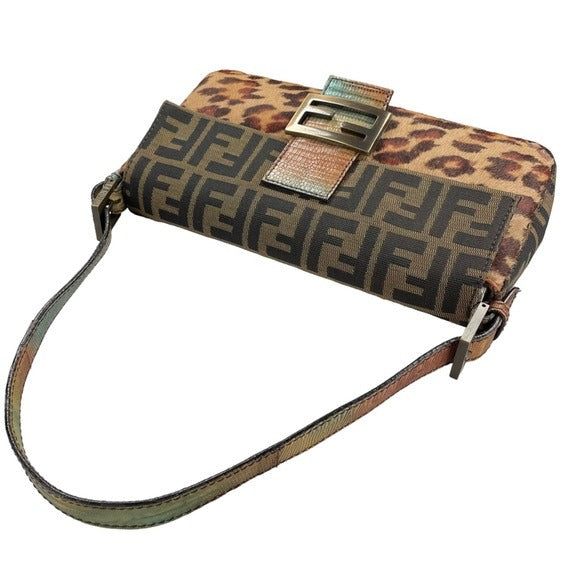 Fendi Zucca Canvas Cheetah Calf Hair Leather Lizard Skin Baguette Shoulder Purse