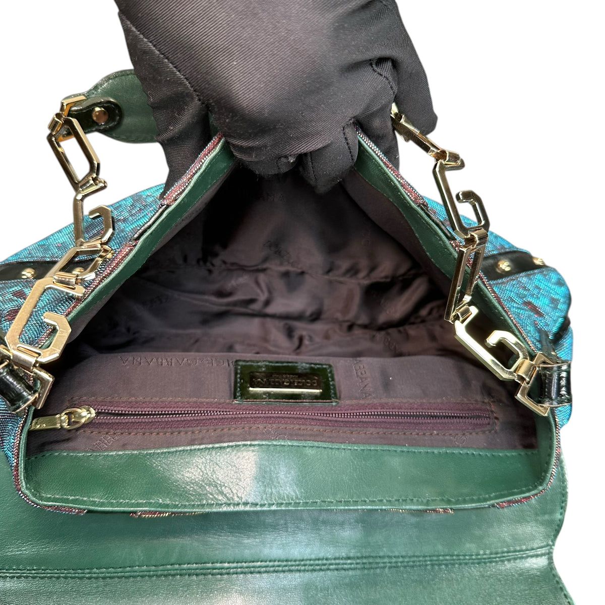 Dolce & Gabbana D-Ring Eel Skin Green / Gold Hologlyphic Canvas Shoulder Purse