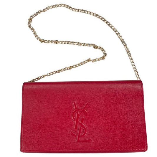 YSL XL Red Leather Clutch Wallet Purse Magnetic Closure Chain Flap Bag