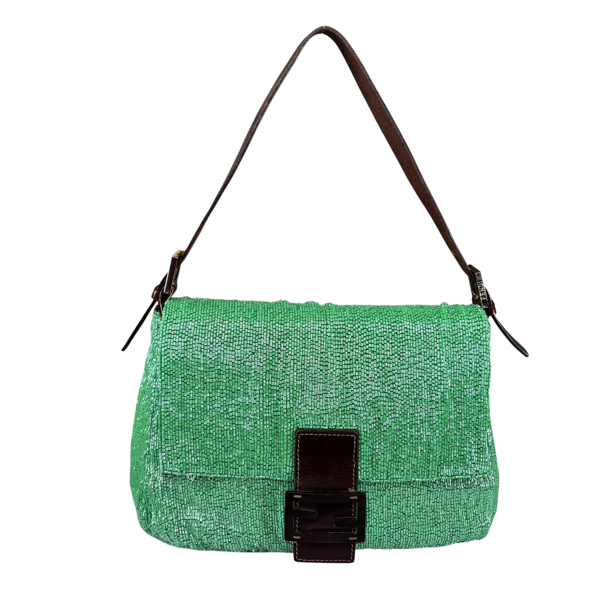 Fendi Y2K Mama Baguette Large Green Beaded Shoulder Purse