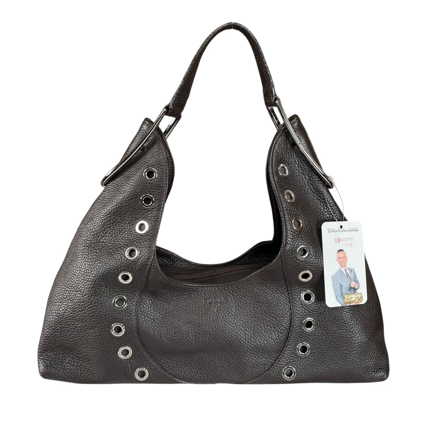 Furla Brown Pebbled Leather Hobo Bag SHW Double Sided Eyelet Deep D Shoulder Bag