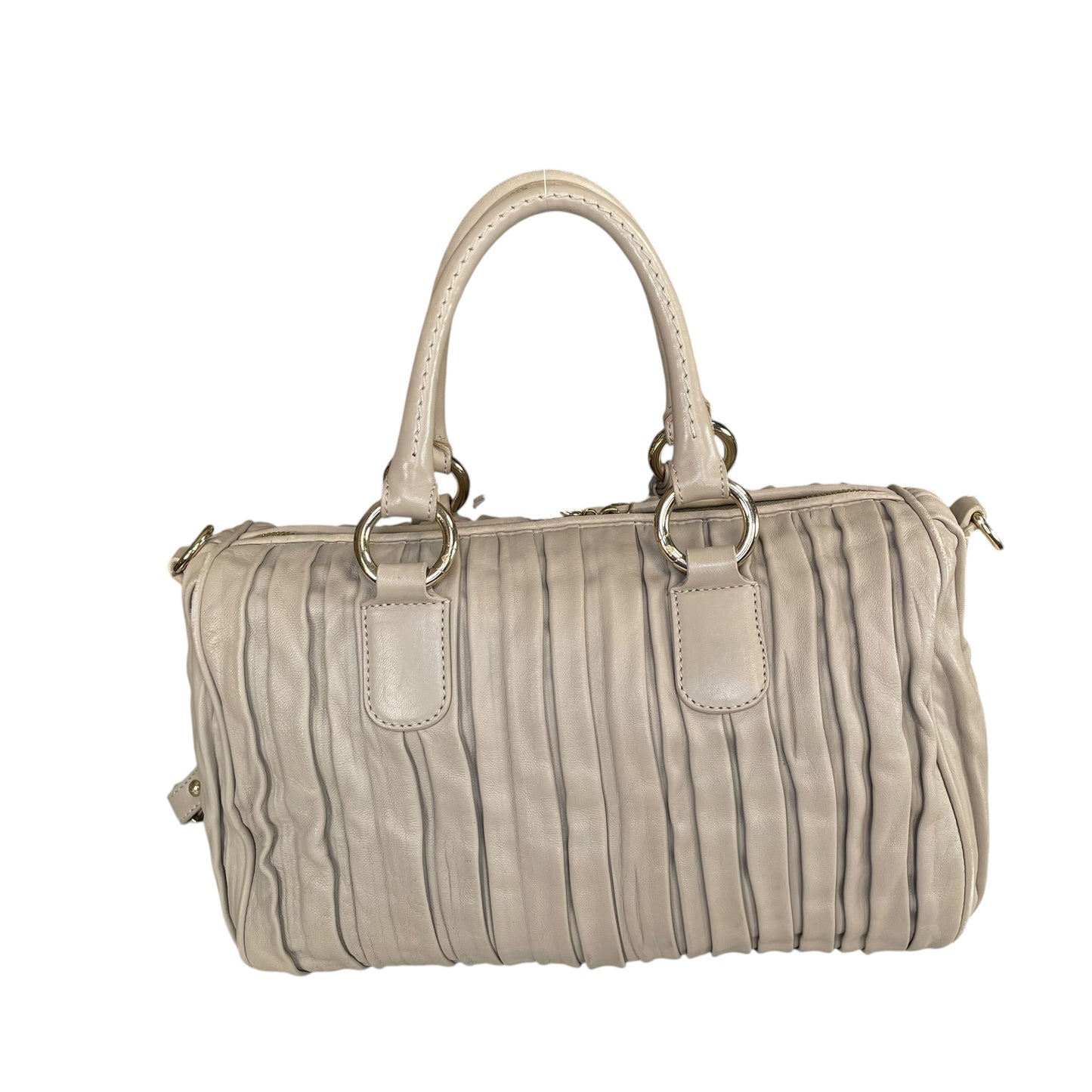 Emporio Armani Pleated GHW Leather Satchel Taupe Lock Key Crossbody Boston Bag