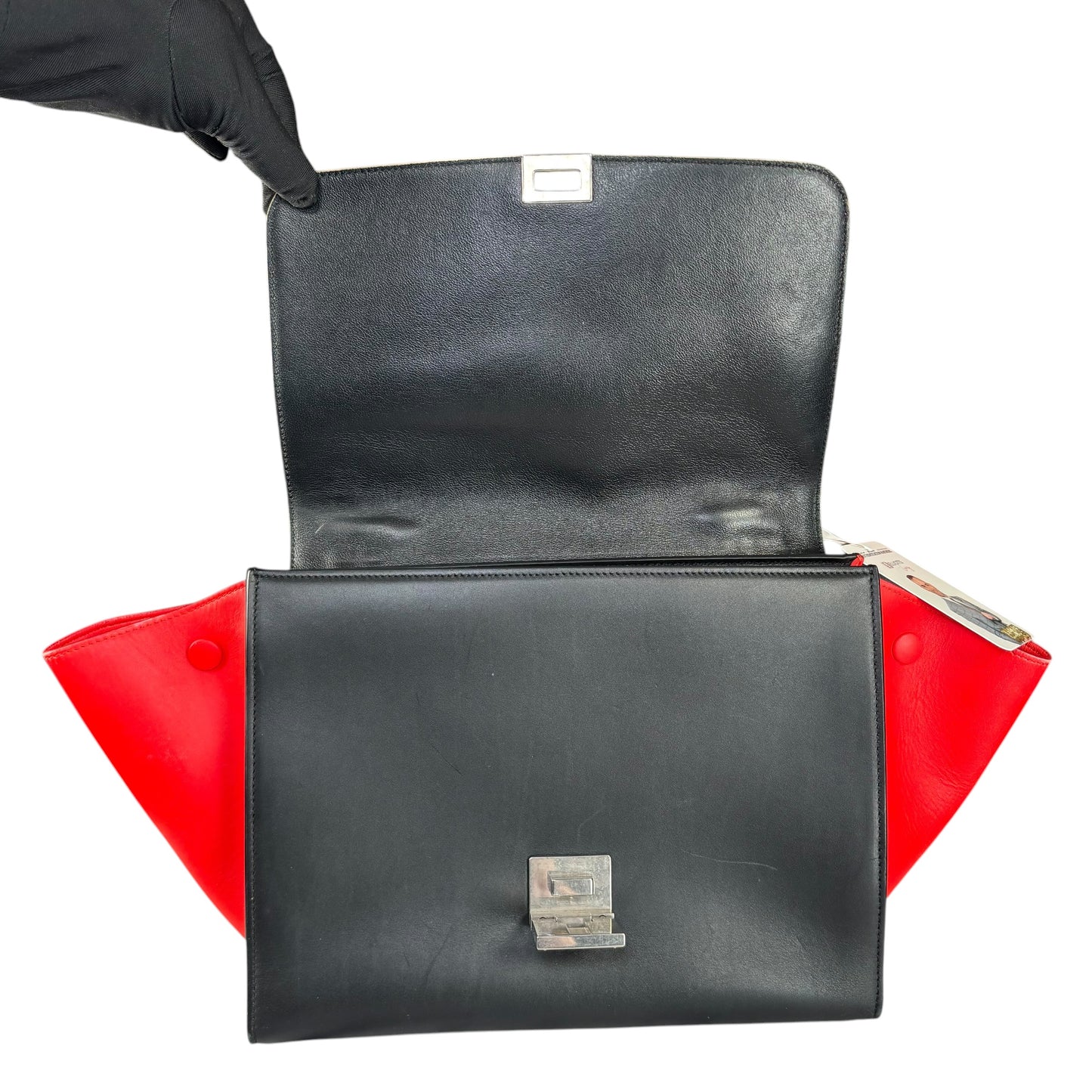 Celine Trapeze Tri-Color Red Black Grey Turn-Lock Top Handle Purse