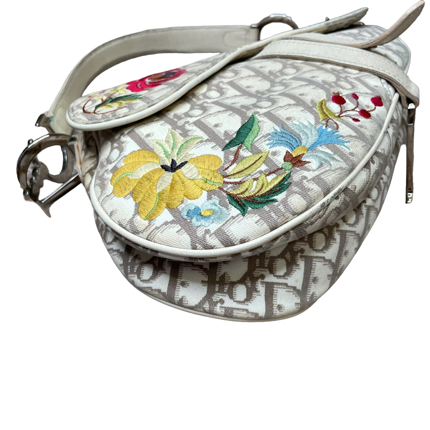 Christian Dior Saddle Oblique Bag Floral Embroidered Ivory Canvas Silver Hardware Purse