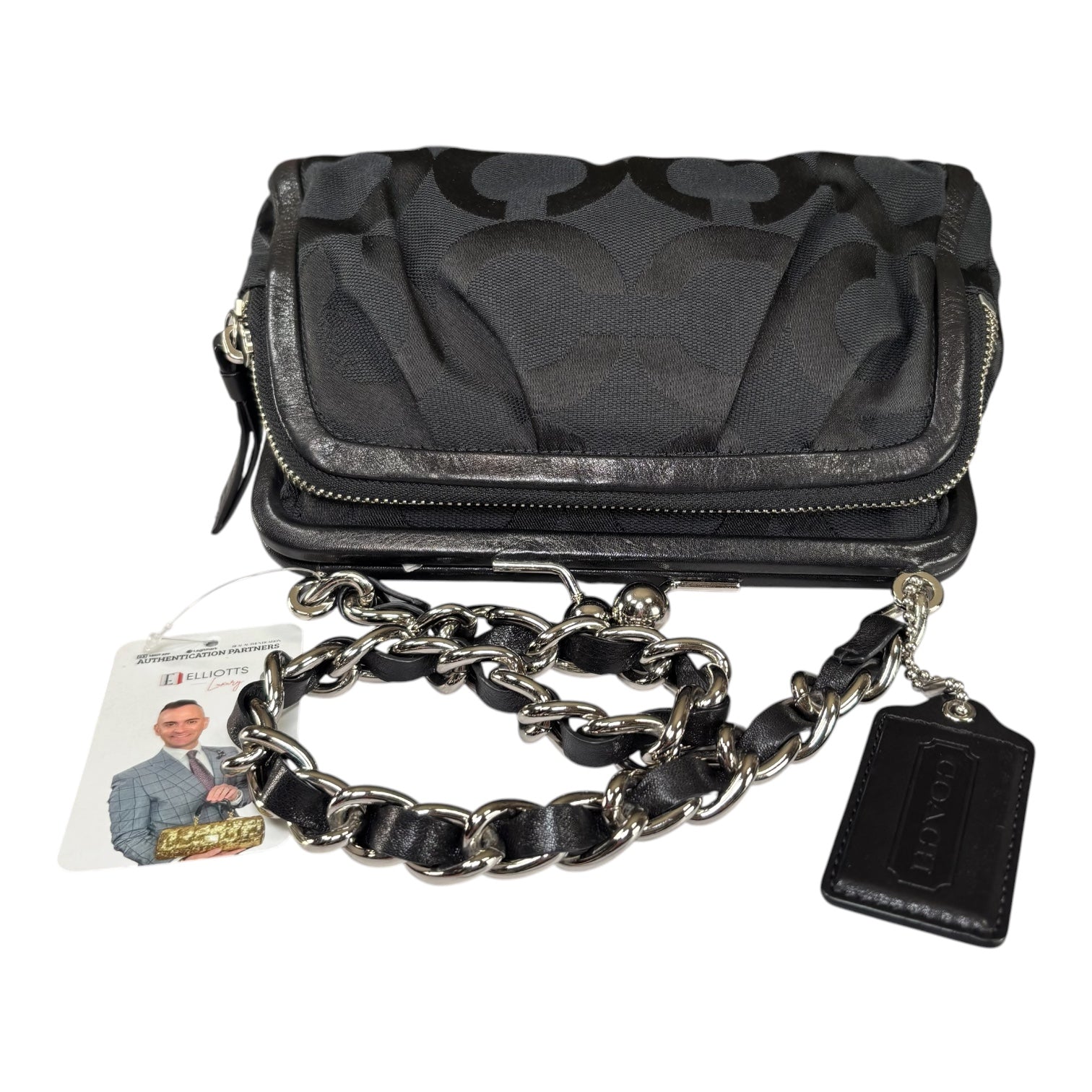 Coach Y2K Opti C Canvas Leather Kiss-Lock Black SHW Chain Shoulder