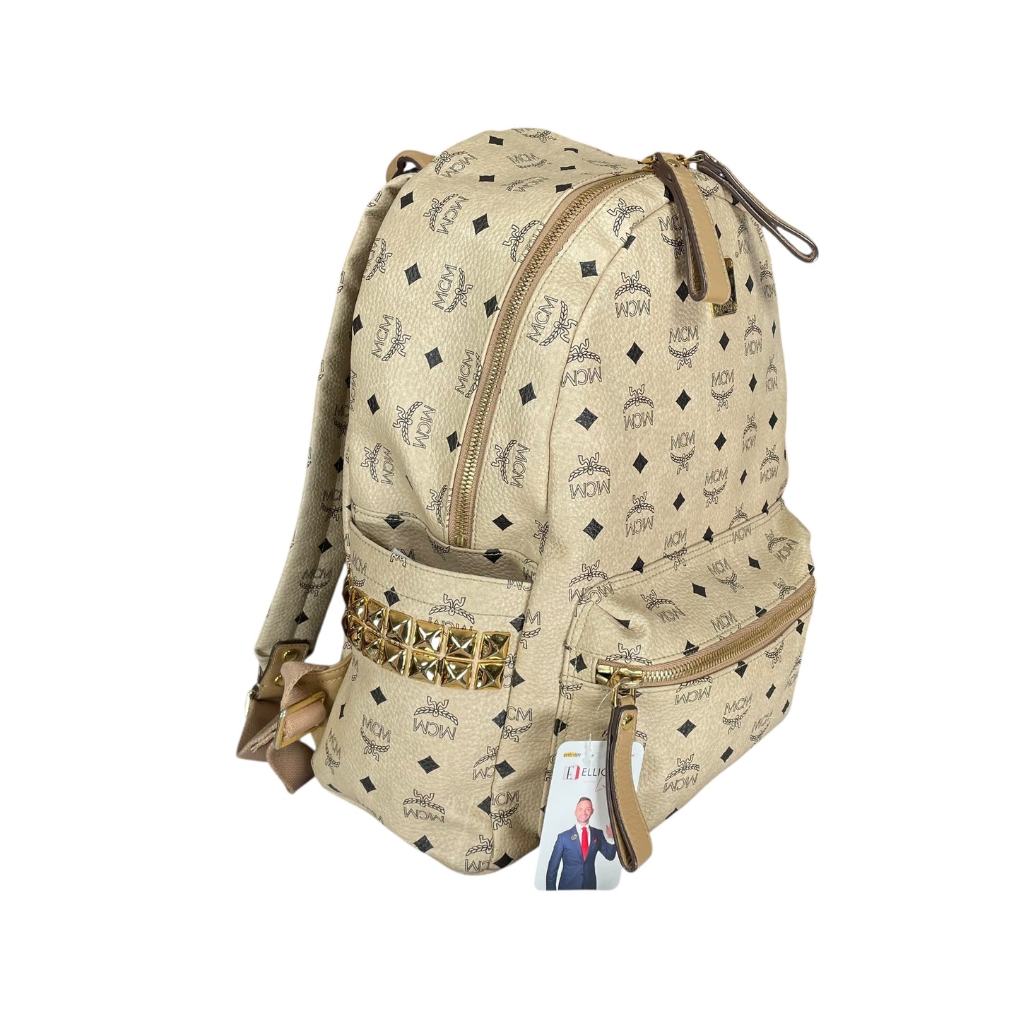 MCM Viestos GHW Studded Creme Pebbled Canvas 15" Laptop Bag Backpack