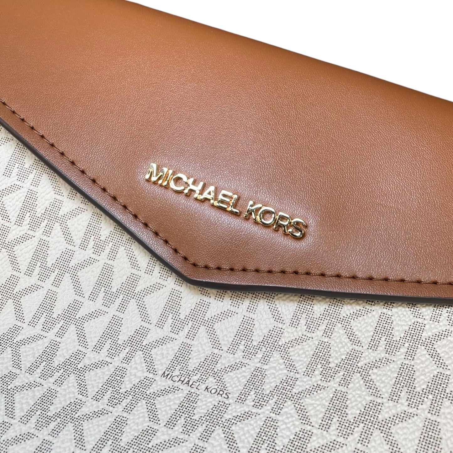 Michael Kors Maisie Leather Brown White Canvas GHW XL Envelope Clutch Wristlet