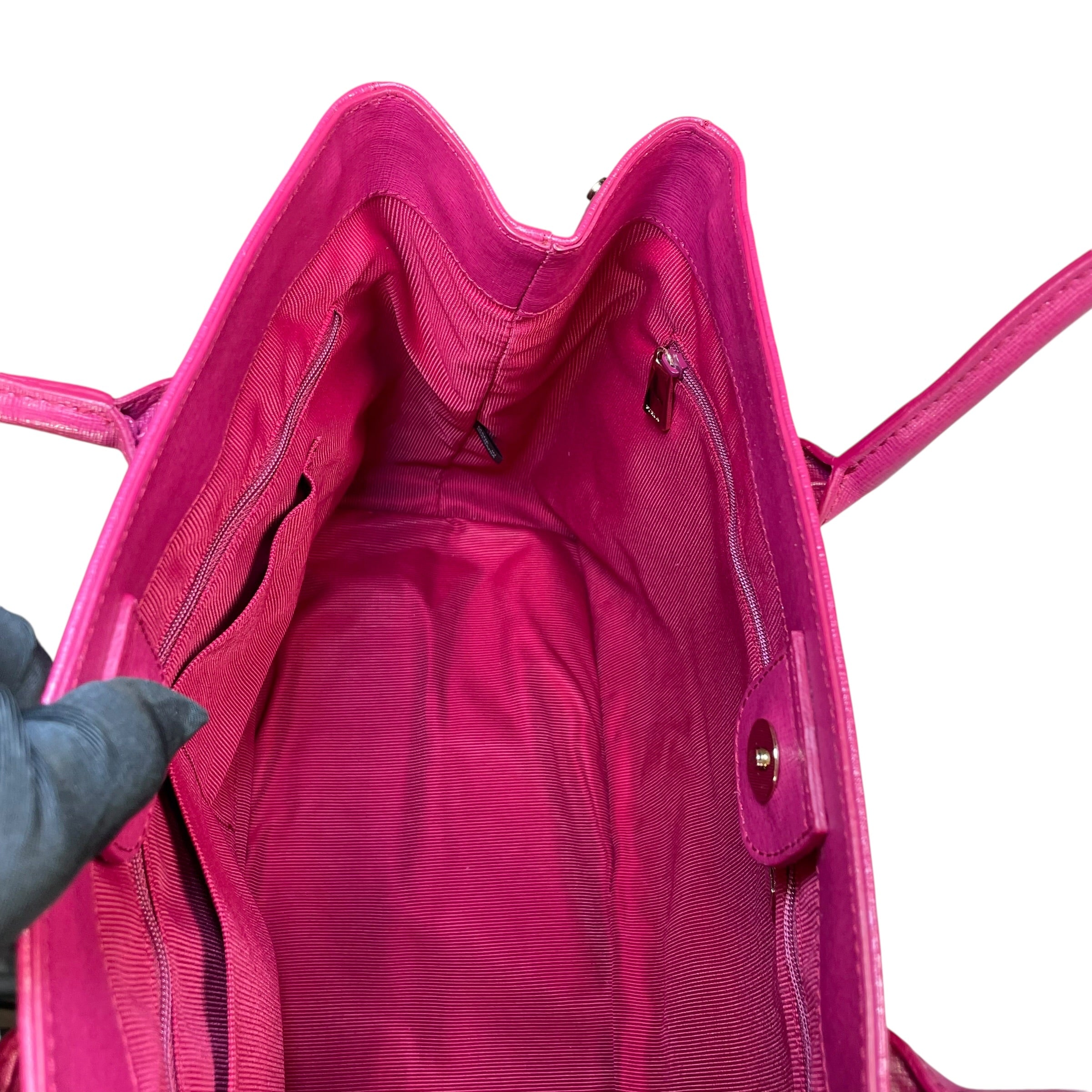 Furla Linda Magenta GHW Saffiano Leather Bucket Tote Purse