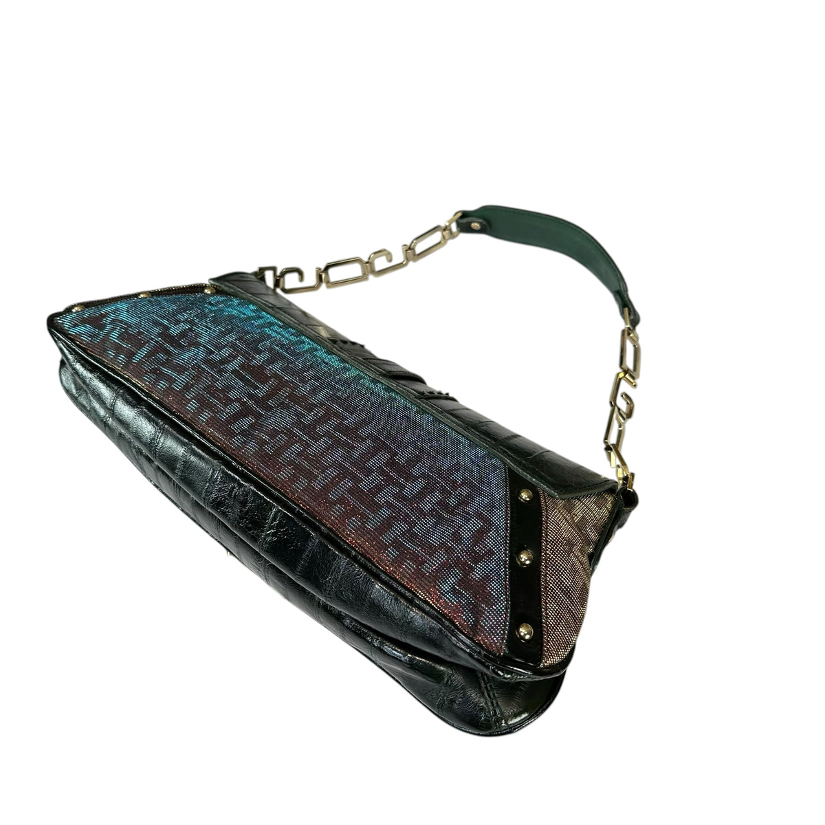 Dolce & Gabbana D-Ring Eel Skin Green / Gold Hologlyphic Canvas Shoulder Purse
