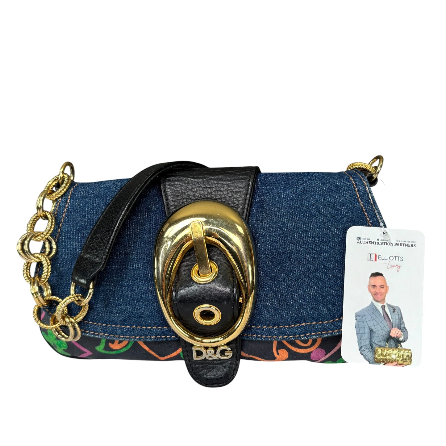 Dolce & Gabbana D & G Y2K Denim Buckle Baguette Floral Limited Leather Chain Purse