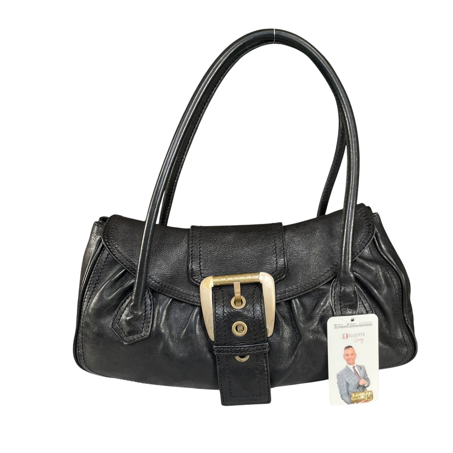 Celine Buckle Front Shoulder Black Leather Brushed Brass