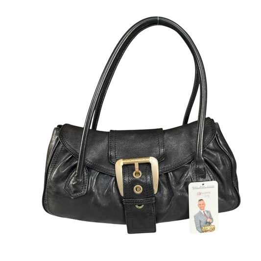 Celine Buckle Front Shoulder Black Leather Brushed Brass