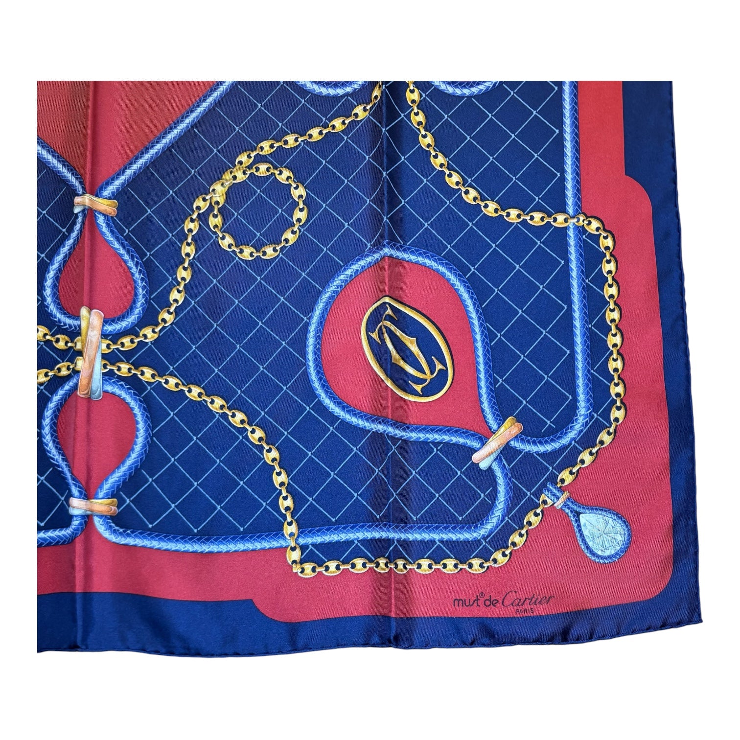 Cartier Must de Cartier Silk Scarf 33” x 33” Chain & Pear Diamond