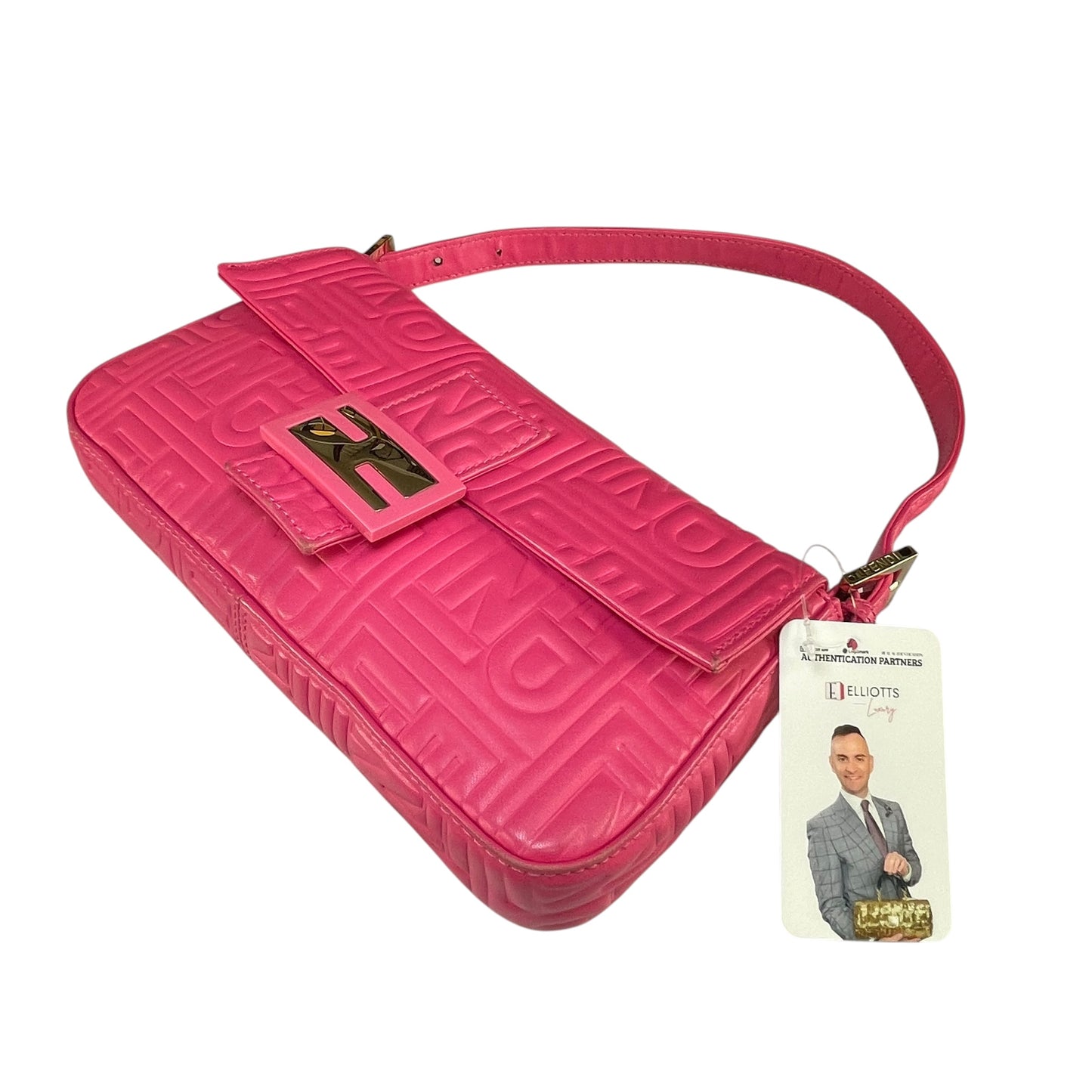 Fendi Baguette Re-Issue Embossed GHW Fusia Pink Leather Shoulder Purse