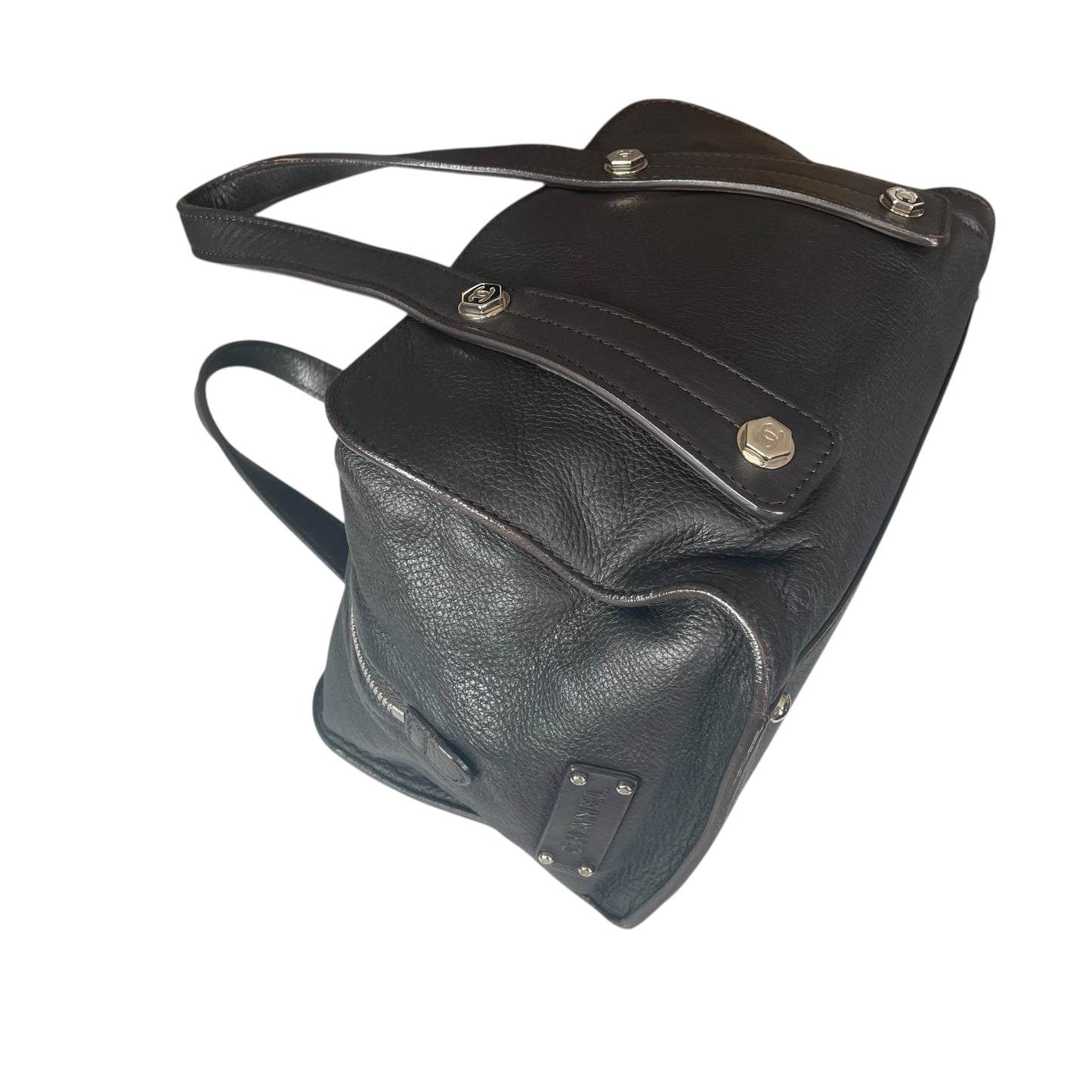 Chanel CC Bolt Deerskin Boston Dark Brown Studded Purse