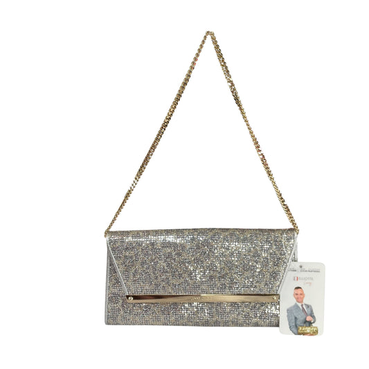 Jimmy Choo Margot Metallic Glitter Silver Leather GHW Chain Clutch