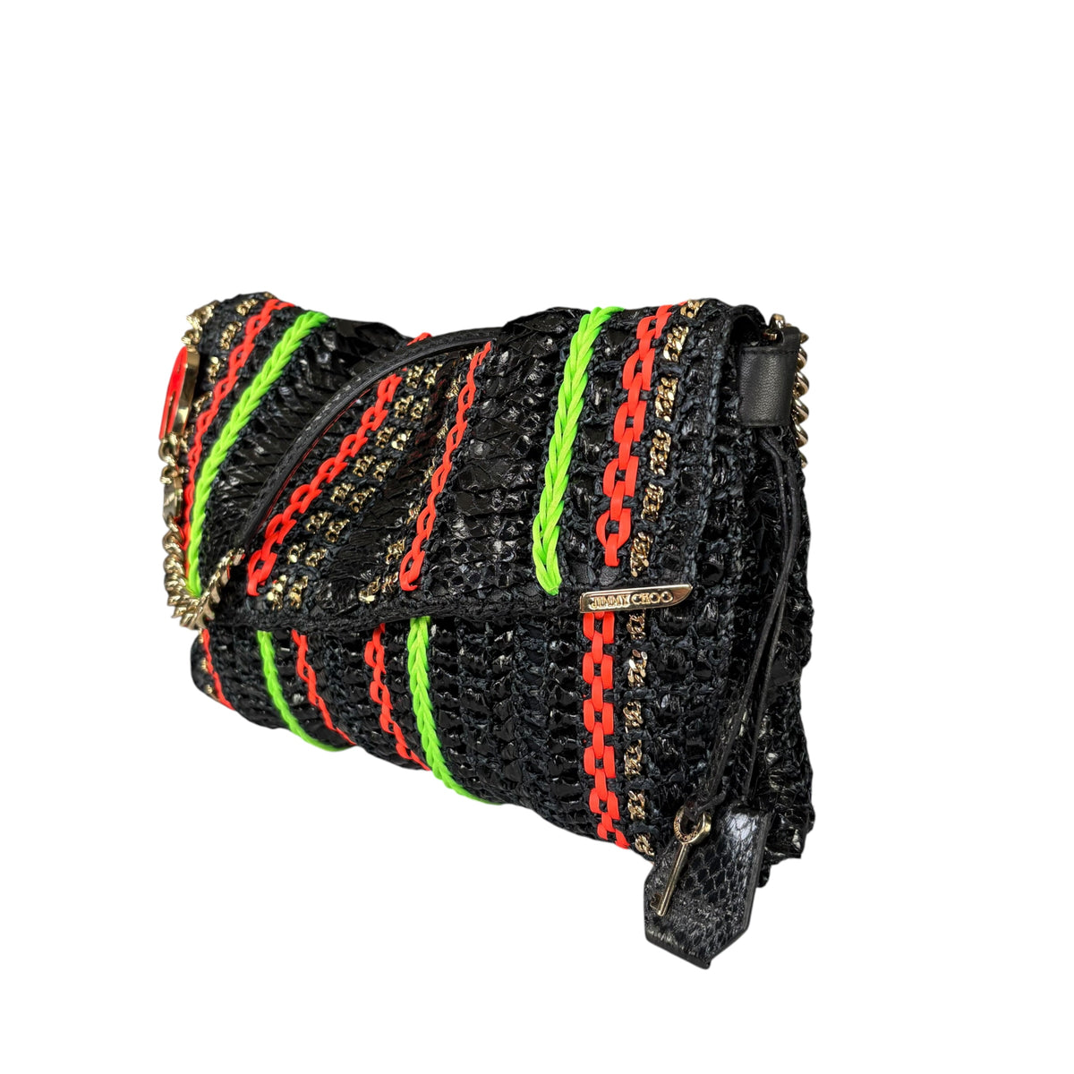 Jimmy Choo GHW Leather Rafia Neon Black Snake Chain Flap