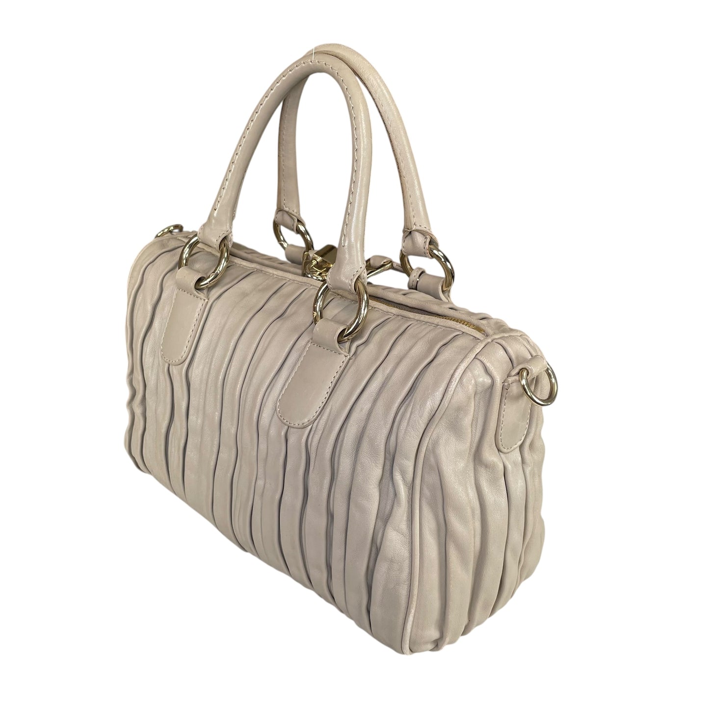 Emporio Armani Pleated GHW Leather Satchel Taupe Lock Key Crossbody Boston Bag