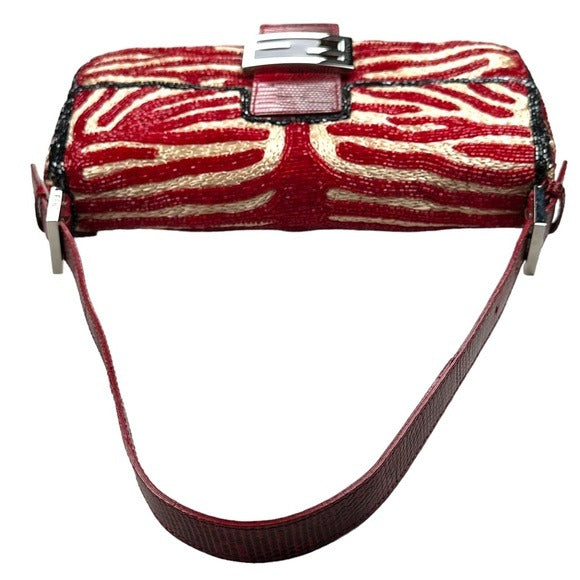 Fendi Baguette Red Black Zebra Beaded Canvas Python Hombre Shoulder Bag