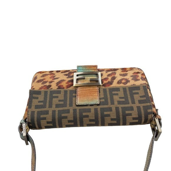 Fendi Zucca Canvas Cheetah Calf Hair Leather Lizard Skin Baguette Shoulder Purse