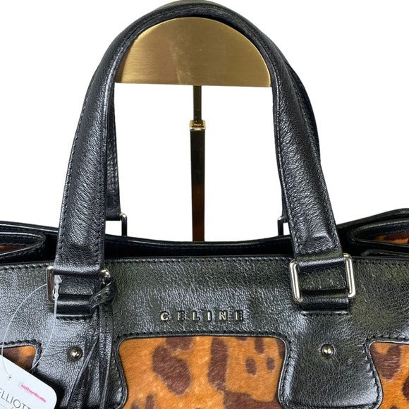 Celine Leather Satchel Trapezoid Black Pony Hair Cheetah Three File Large Tote