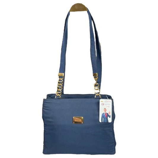 Bally Navy Blue Satin Gold Chain Link Shoulder Purse Dual Zippy Handbag Bag