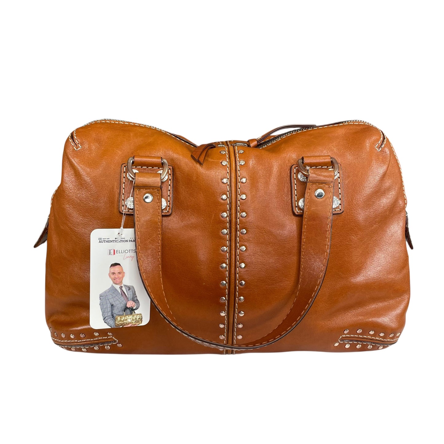 Michael Kors Astor Studded Equestrian SHW Distressed Tan Leather Satchel