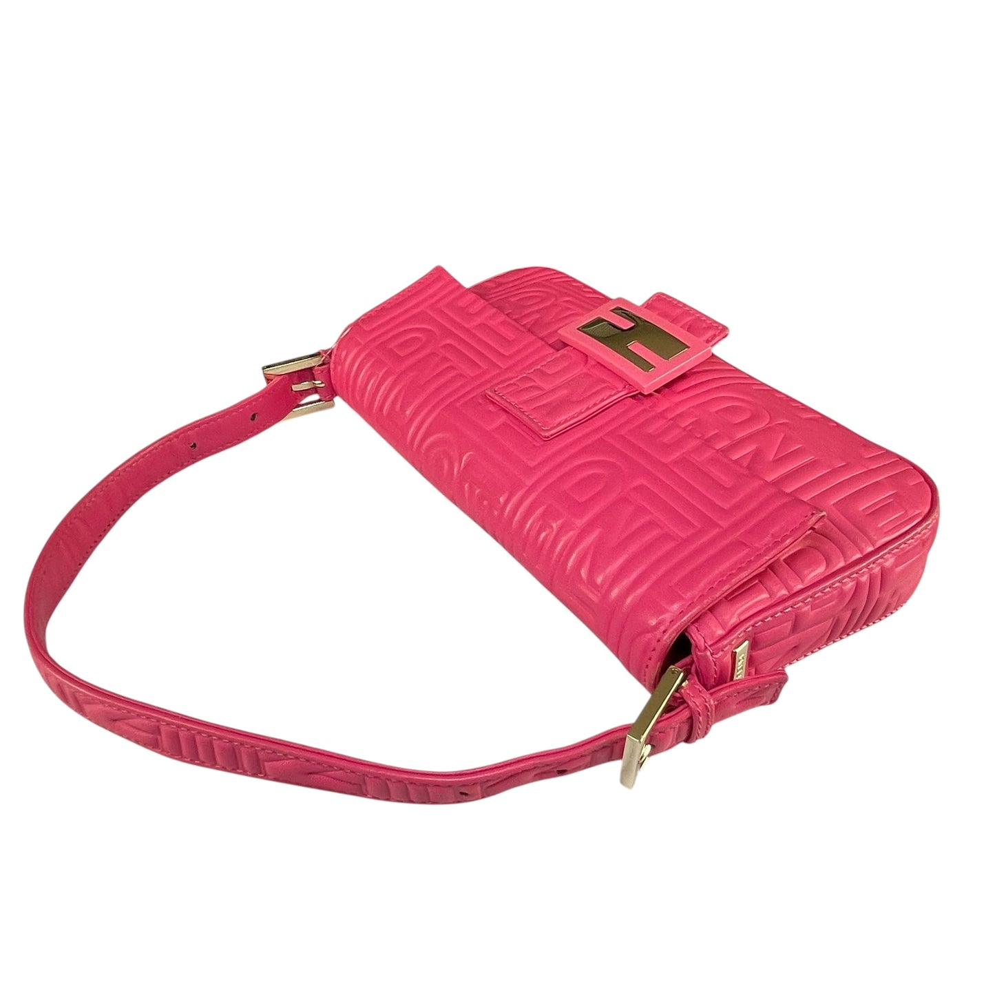 Fendi Baguette Re-Issue Embossed GHW Fusia Pink Leather Shoulder Purse