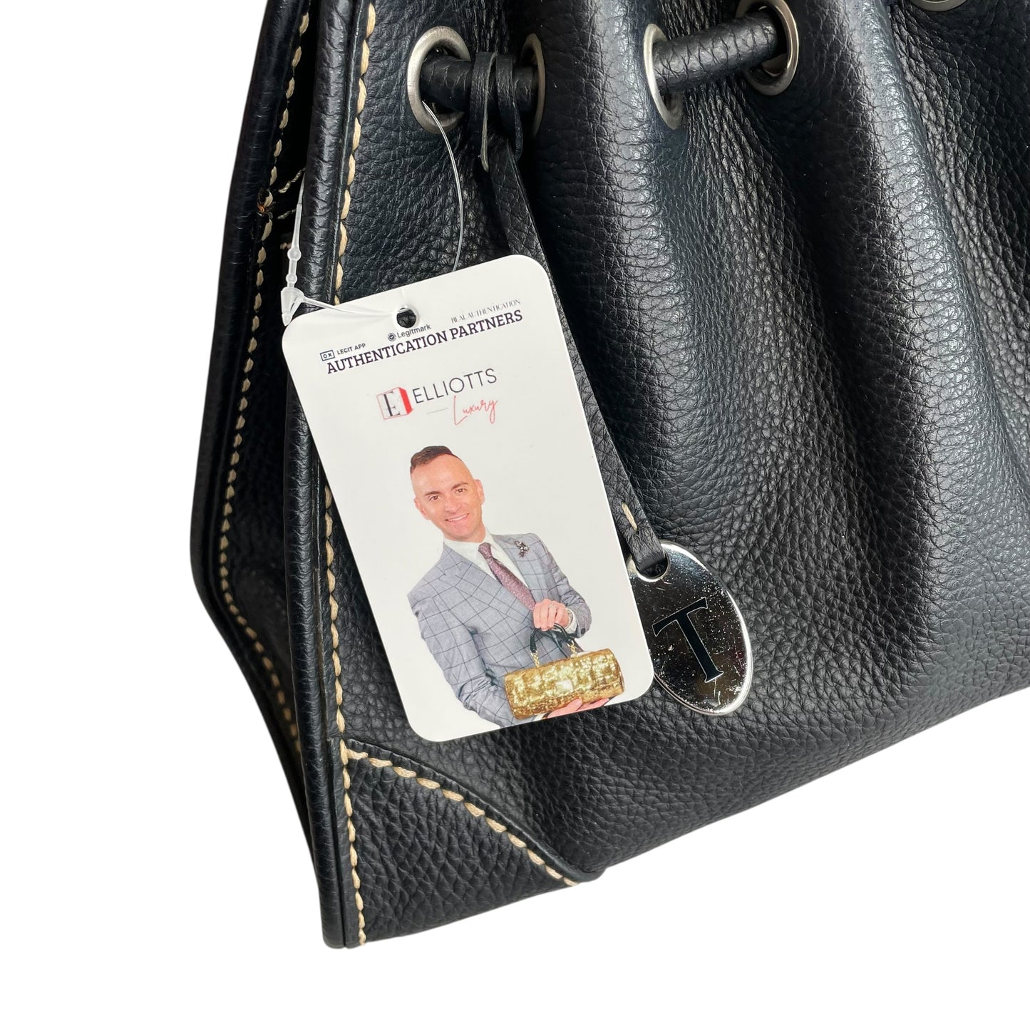 TOD’s Black Equestrian Pebbled Brushed SHW Drawstring Leather Shoulder Purse