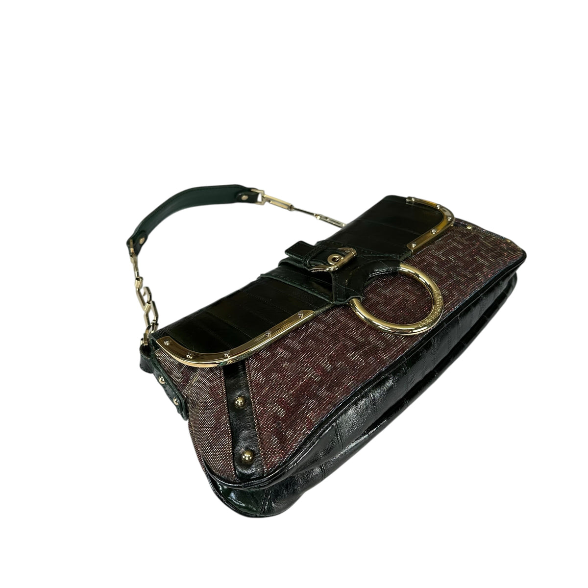 Dolce & Gabbana D-Ring Eel Skin Green / Gold Hologlyphic Canvas Shoulder Purse