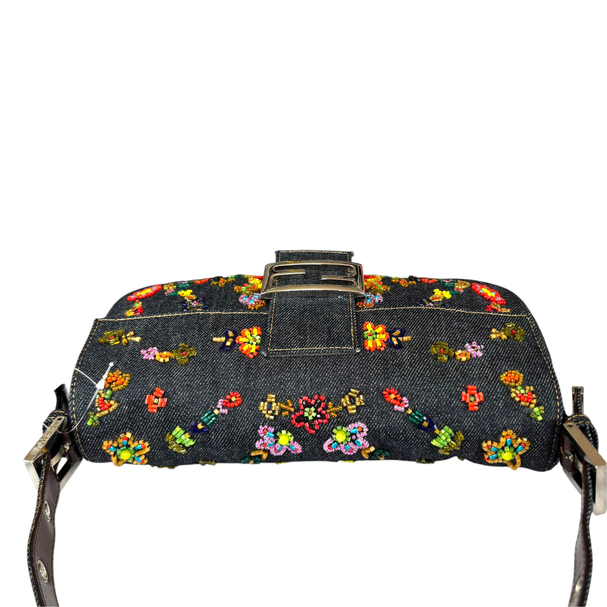 Fendi Y2K Denim Classic Floral Beaded Baguette Shoulder Purse