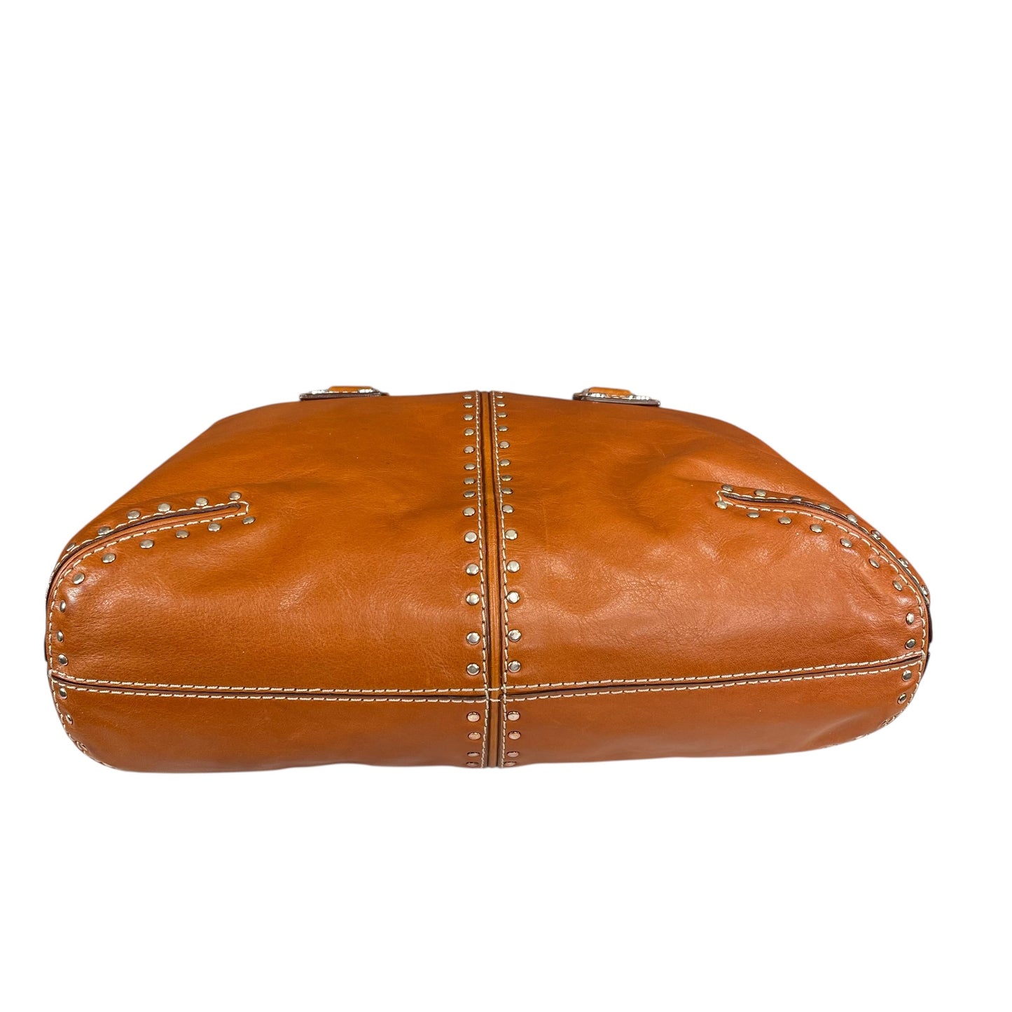 Michael Kors Astor Studded Equestrian SHW Distressed Tan Leather Satchel