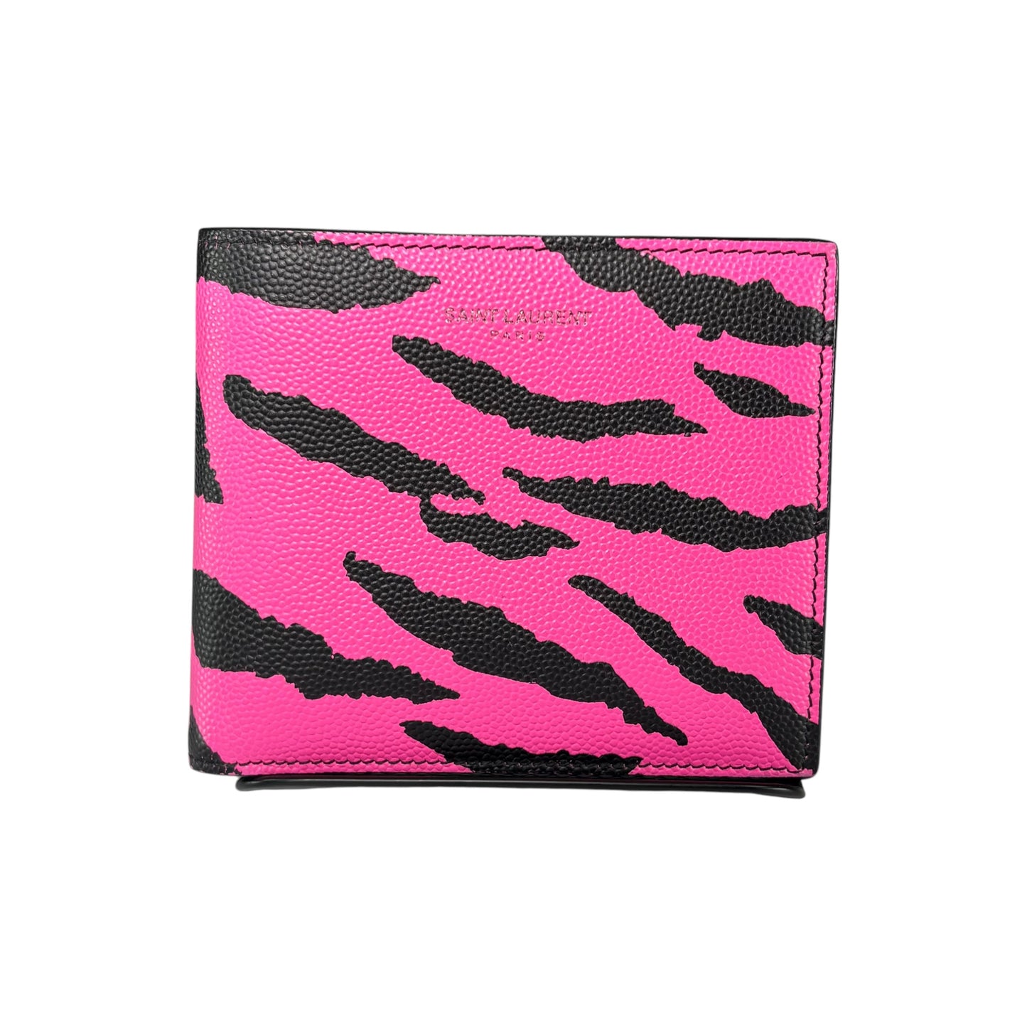 YSL Saint Laurent Mens Pink / Black Tiger Print Caviar Leather Bi-Fold Wallet